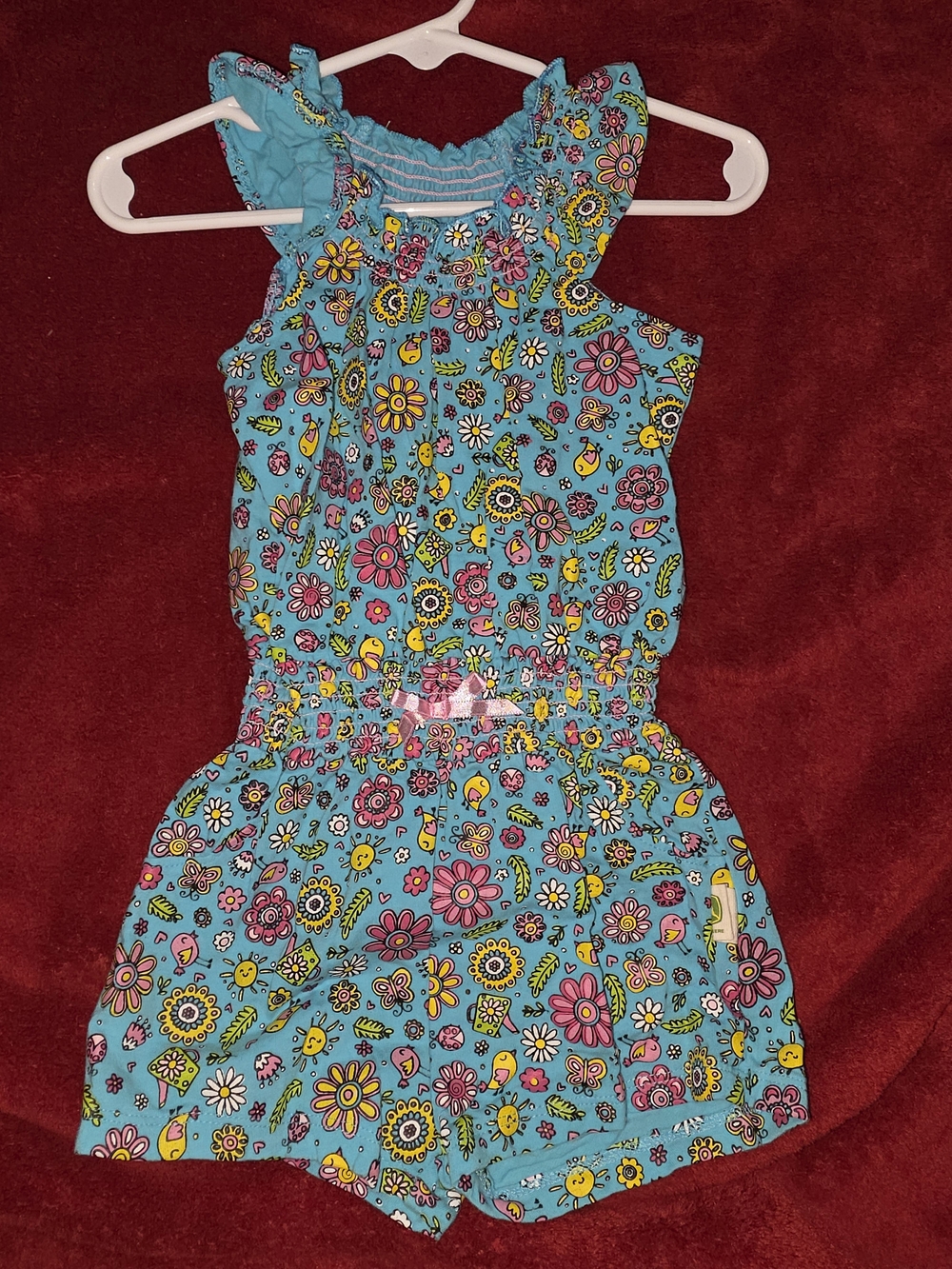John Deere Blue Floral Print Girls' Romper with Pink & Yellow Accents
